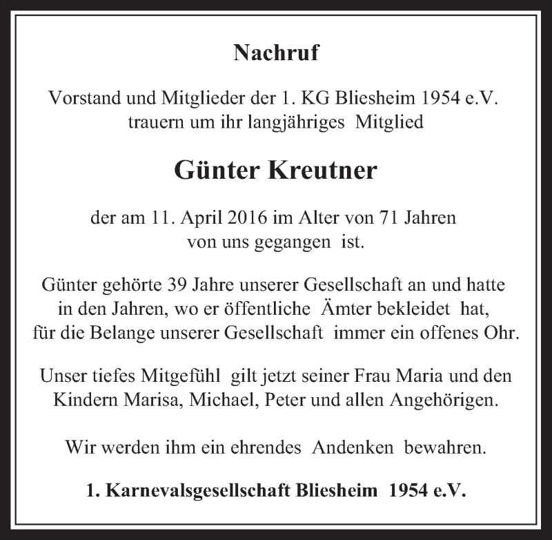  Traueranzeige für Günter Kreutner vom 27.04.2016 aus  Werbepost 