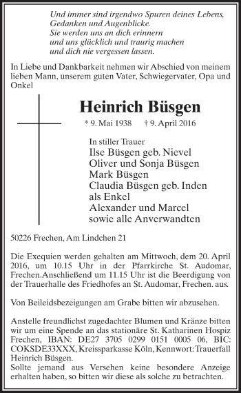 Anzeige von Heinrich Büsgen von  Sonntags-Post 