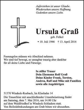 Anzeige von Ursula Graß von  Extra Blatt 