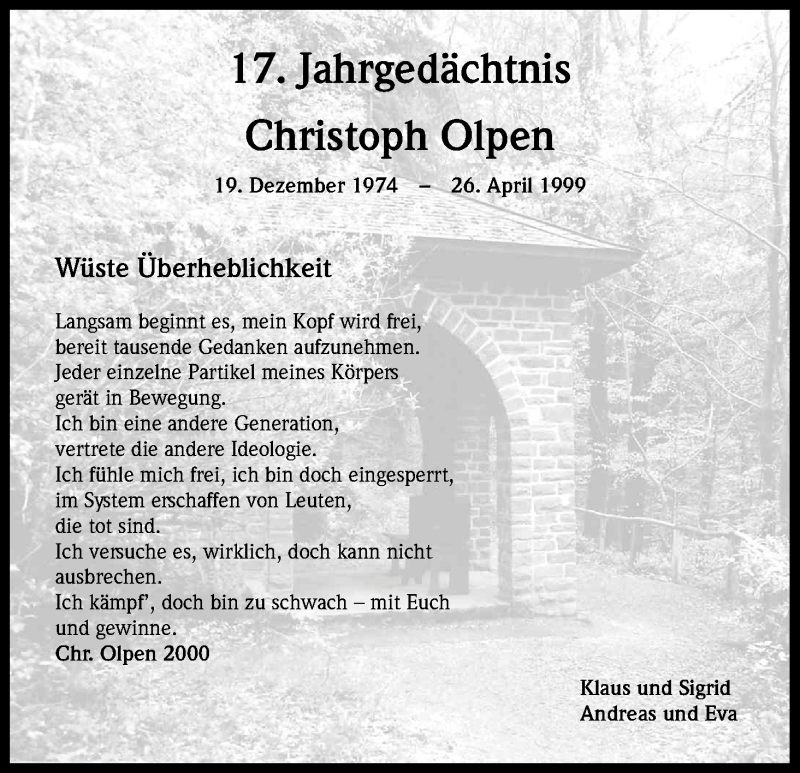  Traueranzeige für Christoph Olpen vom 26.04.2016 aus Kölner Stadt-Anzeiger / Kölnische Rundschau / Express