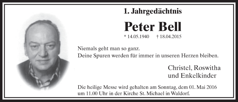 Traueranzeige für Peter Bell vom 13.04.2016 aus  Schaufenster/Blickpunkt 