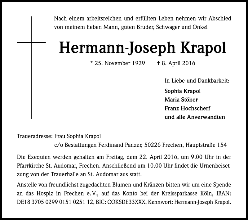  Traueranzeige für Hermann-Joseph Krapol vom 16.04.2016 aus Kölner Stadt-Anzeiger / Kölnische Rundschau / Express