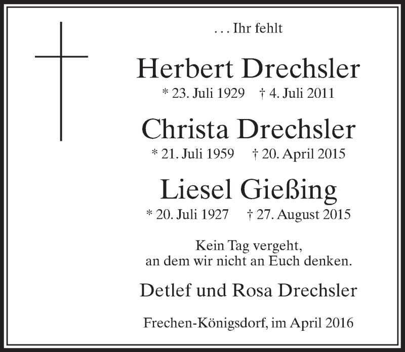  Traueranzeige für Liesel Gießing vom 20.04.2016 aus  Wochenende 