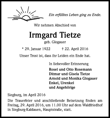 Anzeige von Irmgard Tietze von Kölner Stadt-Anzeiger / Kölnische Rundschau / Express