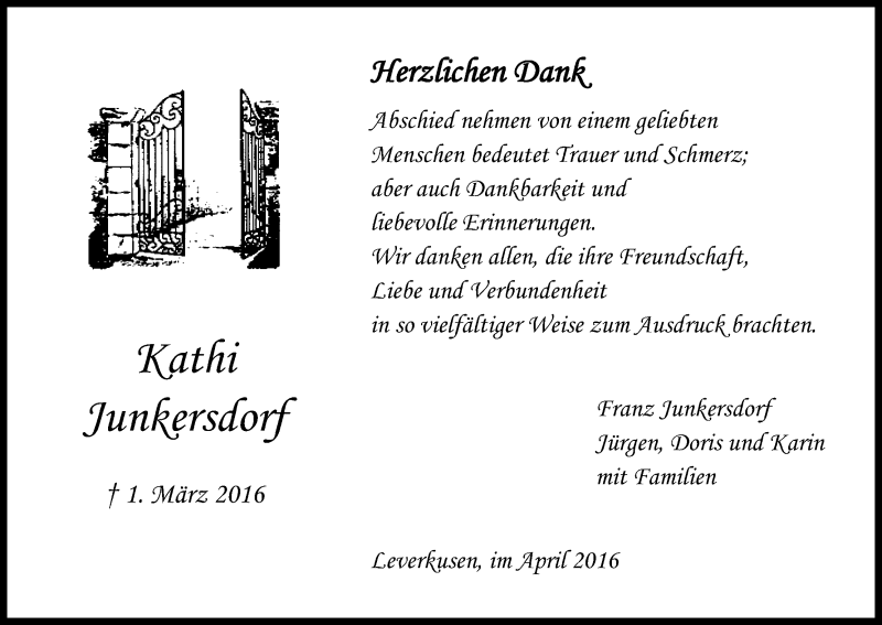  Traueranzeige für Kathi Junkersdorf vom 02.04.2016 aus Kölner Stadt-Anzeiger / Kölnische Rundschau / Express