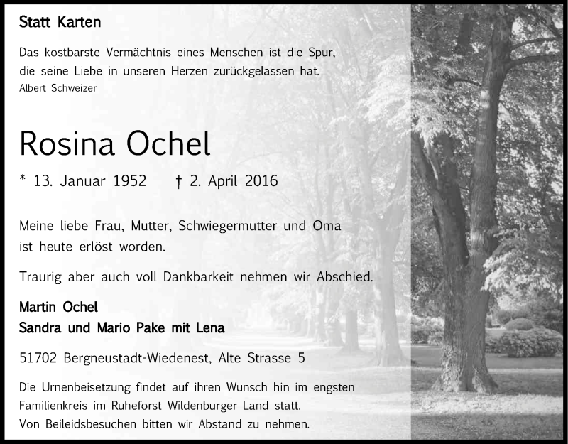 Traueranzeige für Rosina Ochel vom 06.04.2016 aus Kölner Stadt-Anzeiger / Kölnische Rundschau / Express