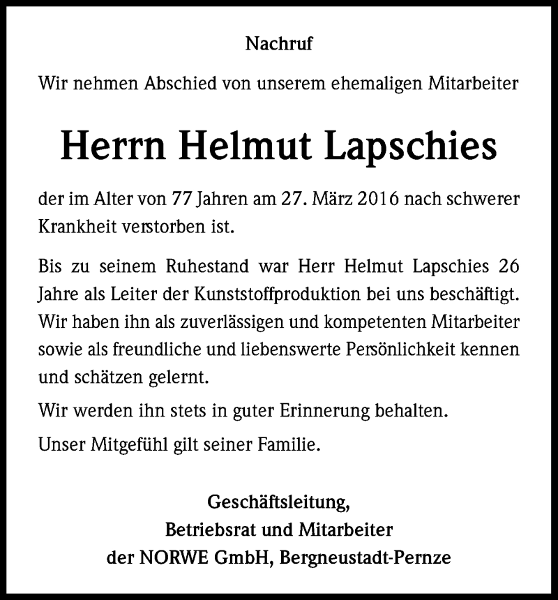  Traueranzeige für Helmut Lapschies vom 14.04.2016 aus Kölner Stadt-Anzeiger / Kölnische Rundschau / Express