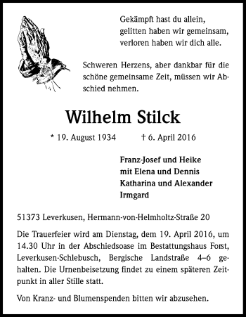Anzeige von Wilhelm Stilck von Kölner Stadt-Anzeiger / Kölnische Rundschau / Express