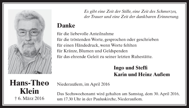  Traueranzeige für Hans-Theo Klein vom 27.04.2016 aus  Werbepost 