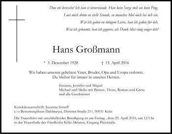 Anzeige von Hans Großmann von Kölner Stadt-Anzeiger / Kölnische Rundschau / Express