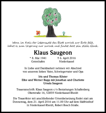 Anzeige von Klaus Saugeon von Kölner Stadt-Anzeiger / Kölnische Rundschau / Express