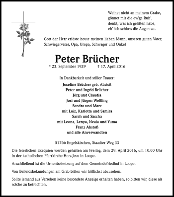 Anzeige von Peter Brücher von Kölner Stadt-Anzeiger / Kölnische Rundschau / Express