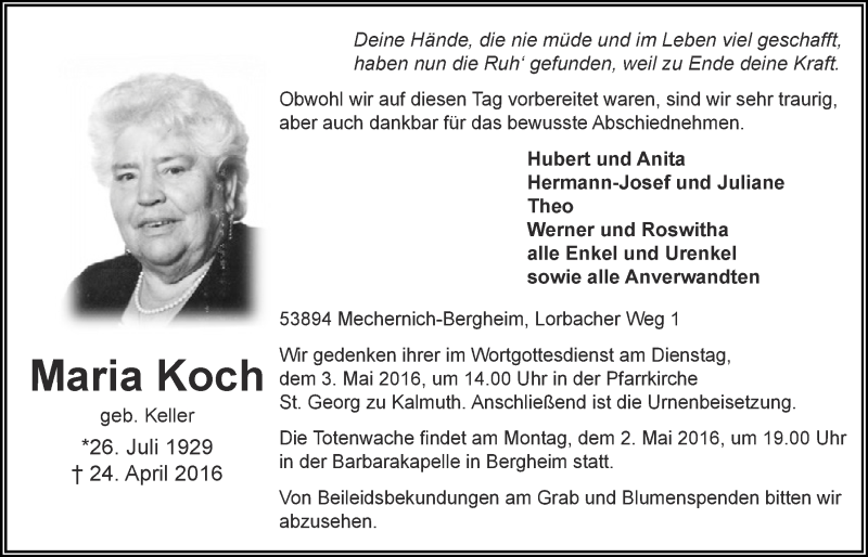  Traueranzeige für Maria Koch vom 30.04.2016 aus  Blickpunkt Euskirchen 