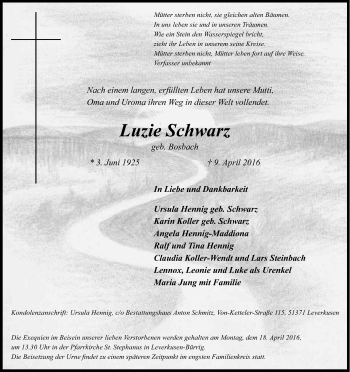 Anzeige von Luzie Schwarz von Kölner Stadt-Anzeiger / Kölnische Rundschau / Express