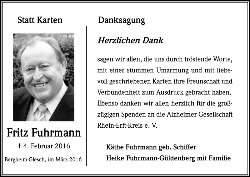  Traueranzeige für Fritz Fuhrmann vom 08.04.2016 aus Kölner Stadt-Anzeiger / Kölnische Rundschau / Express