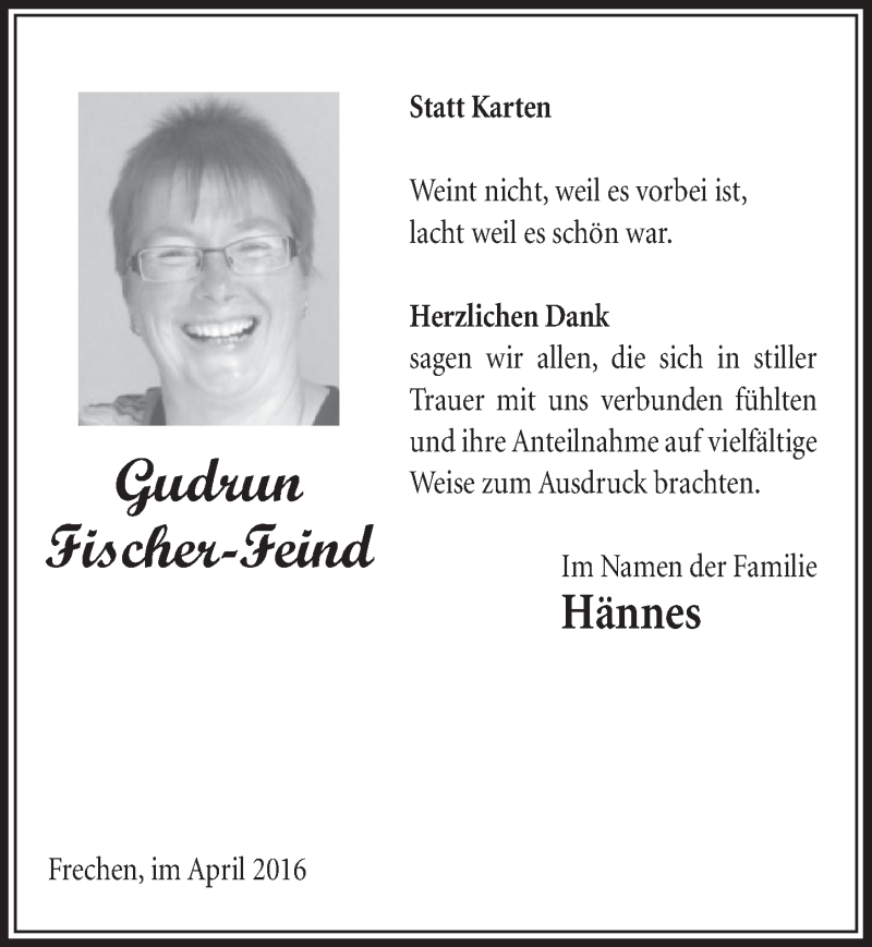  Traueranzeige für Gudrun Fischer-Feind vom 23.04.2016 aus  Sonntags-Post 