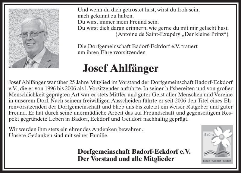 Traueranzeige für Josef Ahlfänger vom 06.04.2016 aus  Schlossbote/Werbekurier 