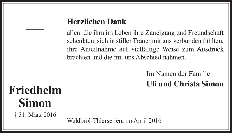  Traueranzeige für Friedhelm Simon vom 27.04.2016 aus  Lokalanzeiger 