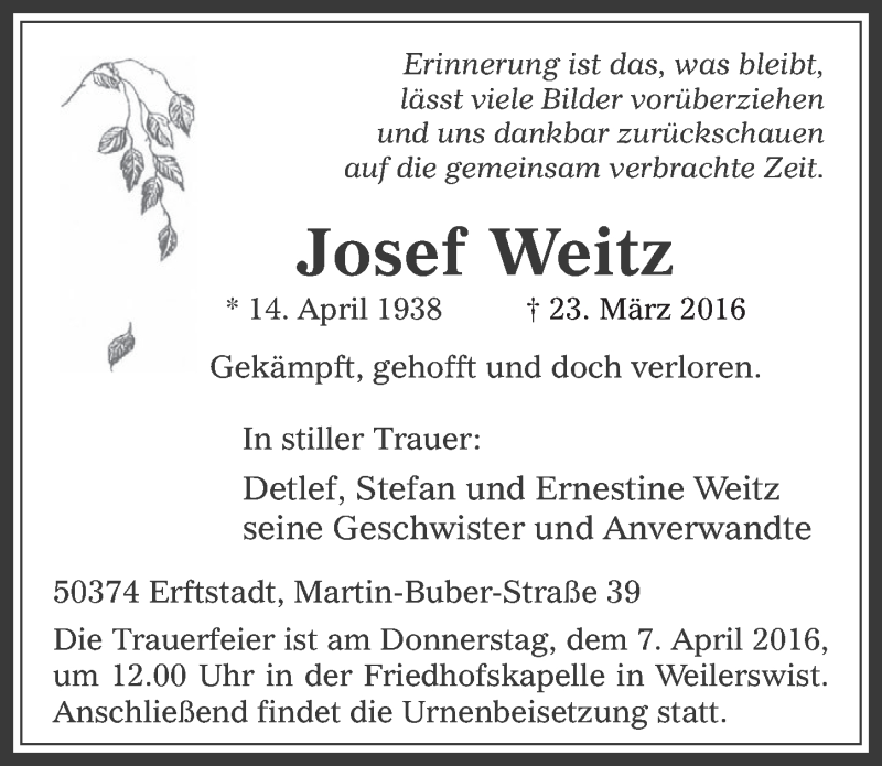 Traueranzeige für Josef Weitz vom 06.04.2016 aus  Werbepost 