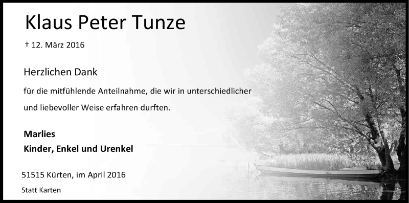  Traueranzeige für Klaus Peter Tunze vom 06.04.2016 aus Kölner Stadt-Anzeiger / Kölnische Rundschau / Express