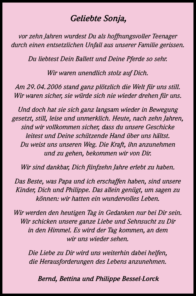  Traueranzeige für Sonja Bessel-Lorck vom 29.04.2016 aus Kölner Stadt-Anzeiger / Kölnische Rundschau / Express