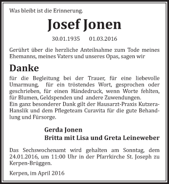 Anzeige von Josef Johnen von  Sonntags-Post 