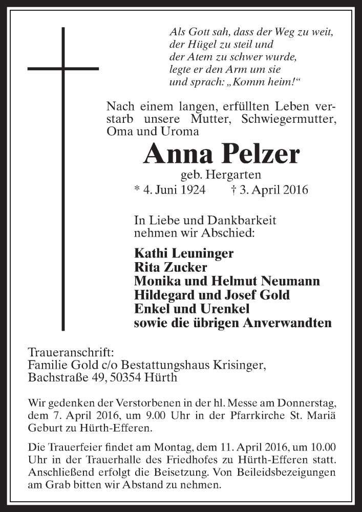  Traueranzeige für Anna Pelzer vom 06.04.2016 aus  Wochenende 