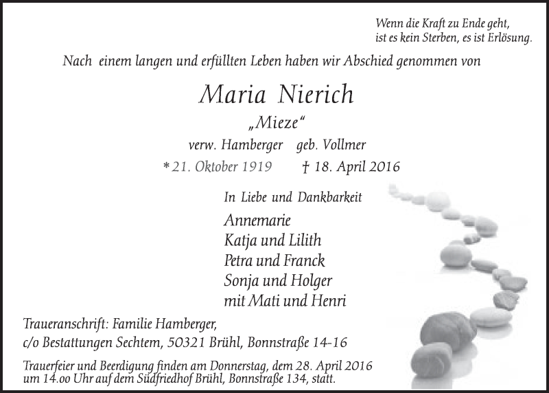  Traueranzeige für Maria Nierich vom 27.04.2016 aus  Schlossbote/Werbekurier 