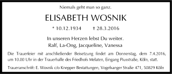 Anzeige von Elisabeth Wosnik von Kölner Stadt-Anzeiger / Kölnische Rundschau / Express