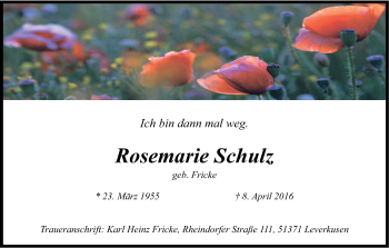 Anzeige von Rosemarie Schulz von Kölner Stadt-Anzeiger / Kölnische Rundschau / Express