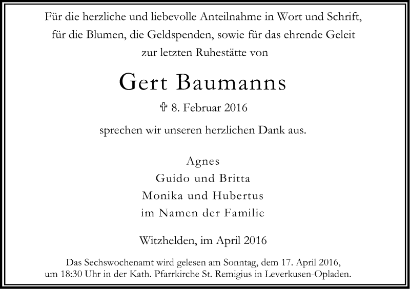  Traueranzeige für Gert Baumanns vom 09.04.2016 aus Kölner Stadt-Anzeiger / Kölnische Rundschau / Express