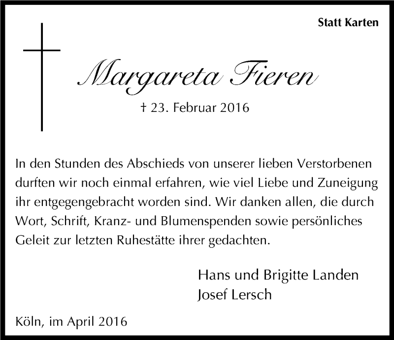  Traueranzeige für Margareta Fieren vom 02.04.2016 aus Kölner Stadt-Anzeiger / Kölnische Rundschau / Express