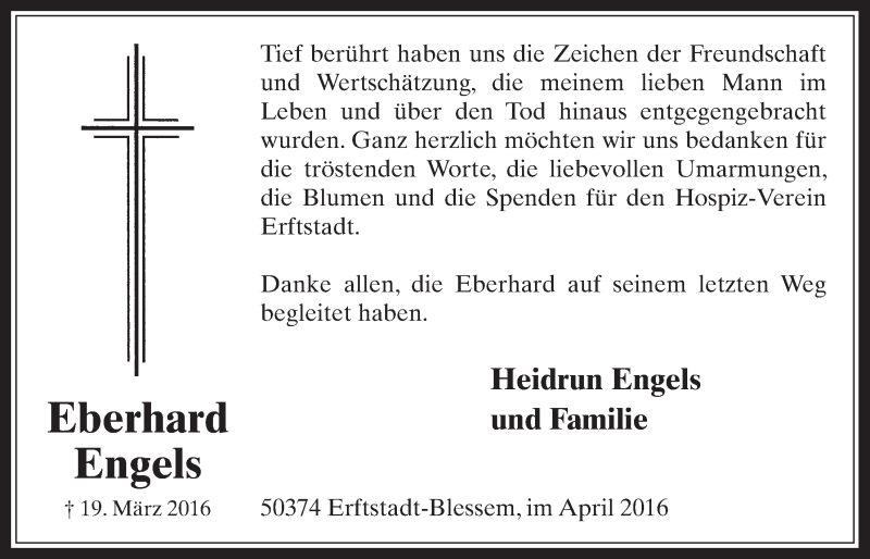  Traueranzeige für Eberhard Engels vom 20.04.2016 aus  Werbepost 