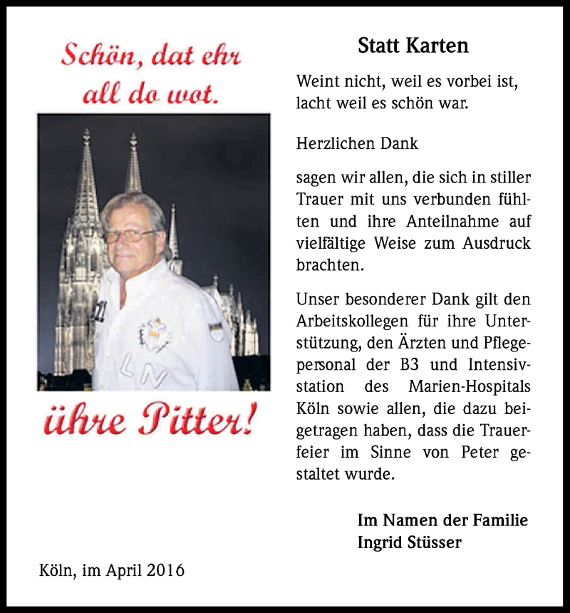  Traueranzeige für Peter  Stüsser vom 09.04.2016 aus Kölner Stadt-Anzeiger / Kölnische Rundschau / Express