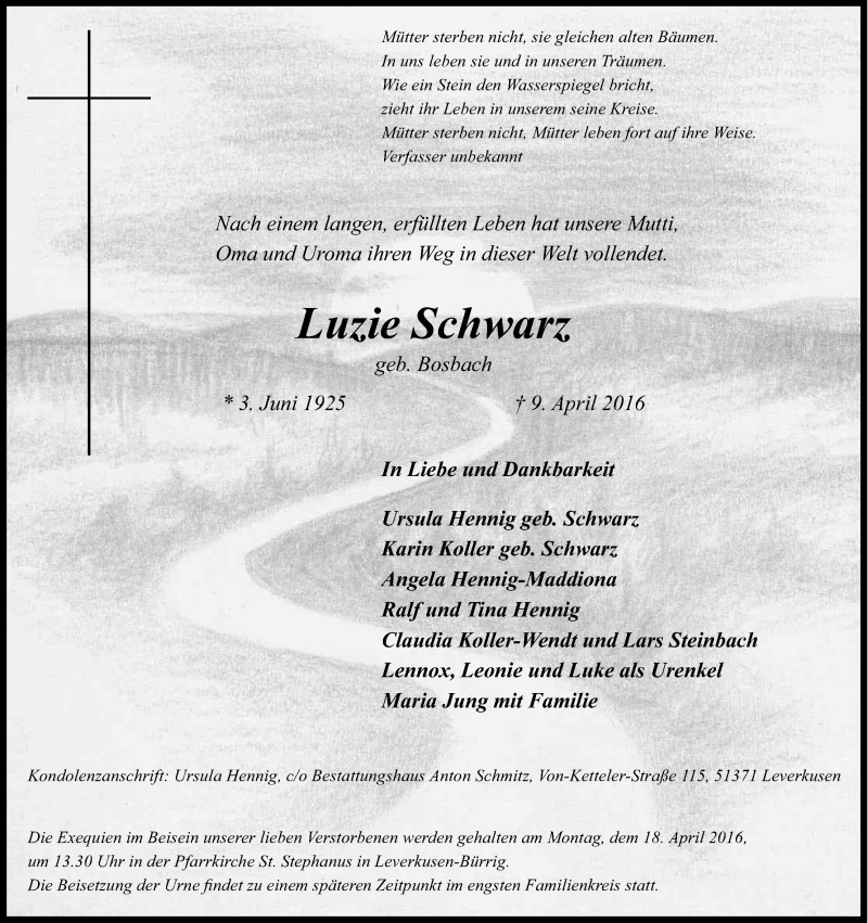  Traueranzeige für Luzie Schwarz vom 13.04.2016 aus Kölner Stadt-Anzeiger / Kölnische Rundschau / Express