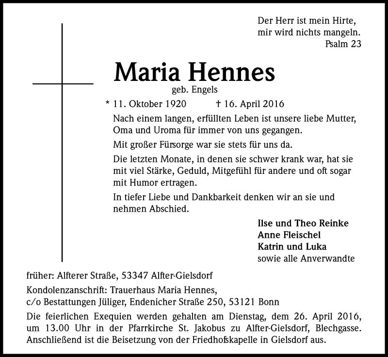  Traueranzeige für Maria Hennes vom 23.04.2016 aus Kölner Stadt-Anzeiger / Kölnische Rundschau / Express