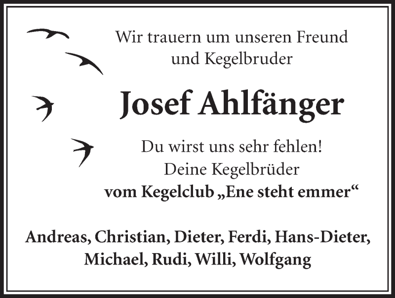  Traueranzeige für Josef Ahlfänger vom 13.04.2016 aus  Schlossbote/Werbekurier 