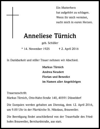 Anzeige von Anneliese Türnich von Kölner Stadt-Anzeiger / Kölnische Rundschau / Express
