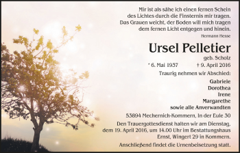 Anzeige von Ursel Pelletier von Köln - Wir Trauern