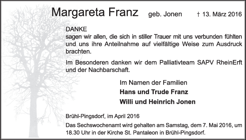  Traueranzeige für Margareta Franz vom 20.04.2016 aus  Schlossbote/Werbekurier 