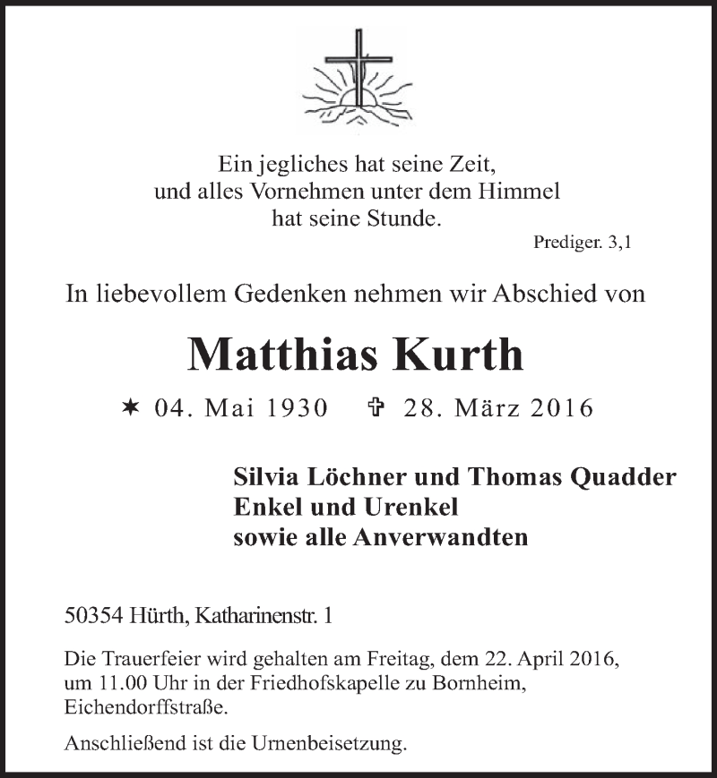  Traueranzeige für Matthias Kurth vom 16.04.2016 aus  Sonntags-Post 