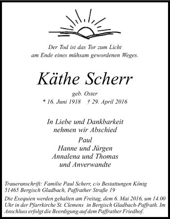Anzeige von Käthe Scherr von Kölner Stadt-Anzeiger / Kölnische Rundschau / Express