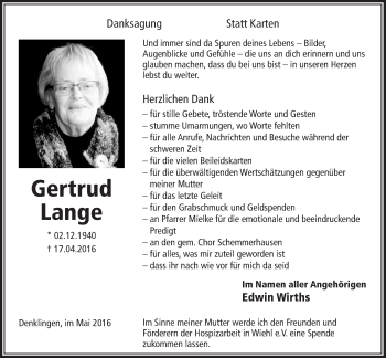 Anzeige von Gertrud Lange von  Anzeigen Echo  Lokalanzeiger 