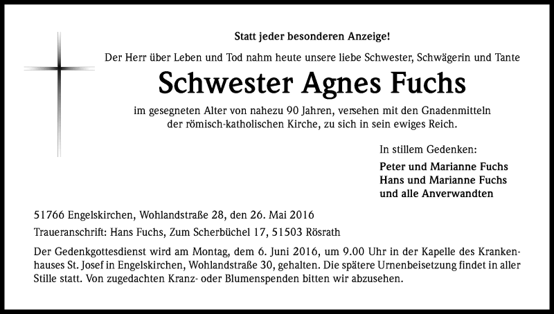  Traueranzeige für Agnes Fuchs vom 01.06.2016 aus Kölner Stadt-Anzeiger / Kölnische Rundschau / Express