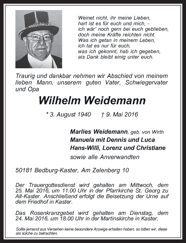  Traueranzeige für Wilhelm Weidemann vom 18.05.2016 aus  Werbepost 