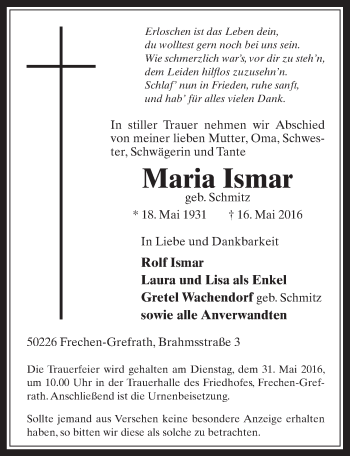 Anzeige von Maria Ismar von  Wochenende 