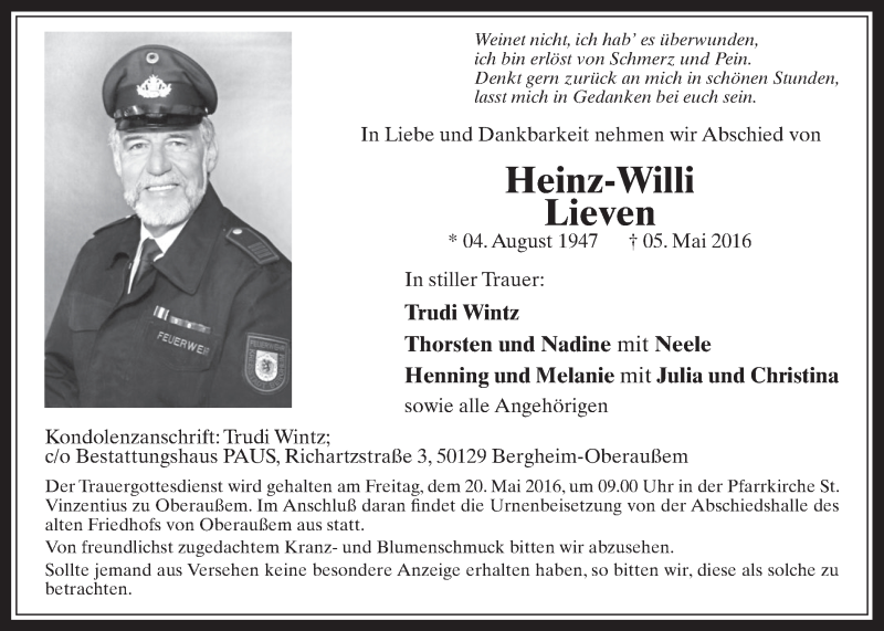  Traueranzeige für Heinz-Willi Lieven vom 18.05.2016 aus  Werbepost 