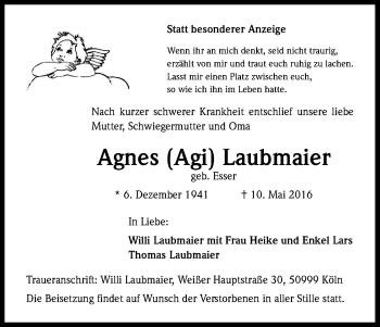 Anzeige von Agnes Laubmaier von Kölner Stadt-Anzeiger / Kölnische Rundschau / Express