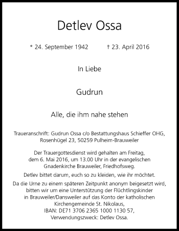 Anzeige von Detlev Ossa von Kölner Stadt-Anzeiger / Kölnische Rundschau / Express