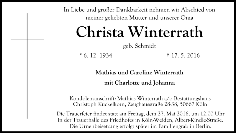  Traueranzeige für Christa Winterrath vom 21.05.2016 aus Kölner Stadt-Anzeiger / Kölnische Rundschau / Express